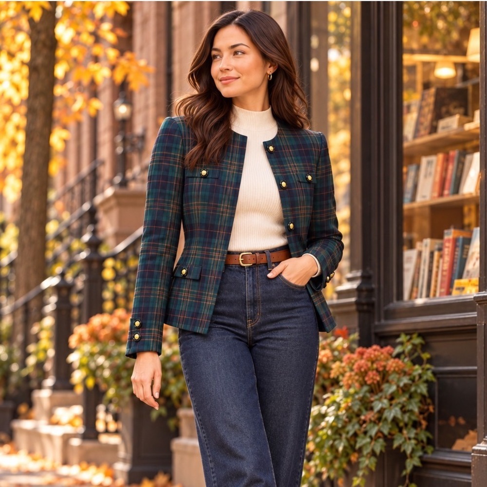 Vintage Preppy Academia Old Money Green Navy Plaid Blazer Chic Jacket SZ 4P